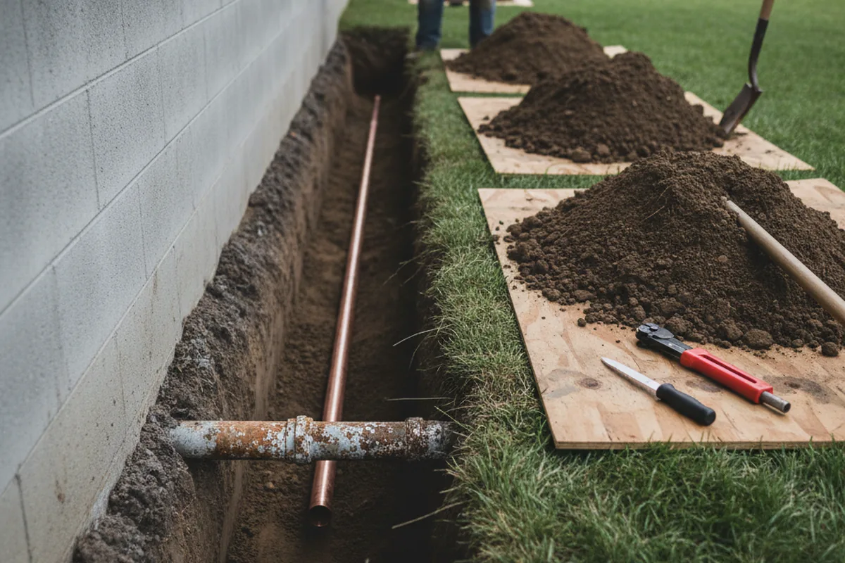 Excavated water line trench during Water Heater Repair in Haworth